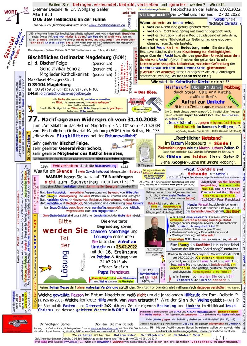 9. Ergänzung an Papst Franziskus, Kirche, Mobbing